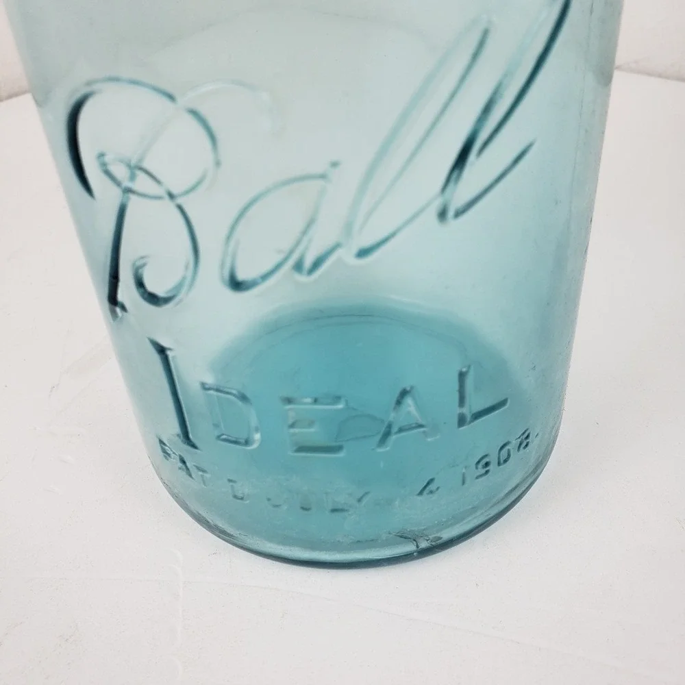 Vintage Ball Ideal Aqua Blue Glass Canning Jar Patent July 14 1908 Wire Bail Lid